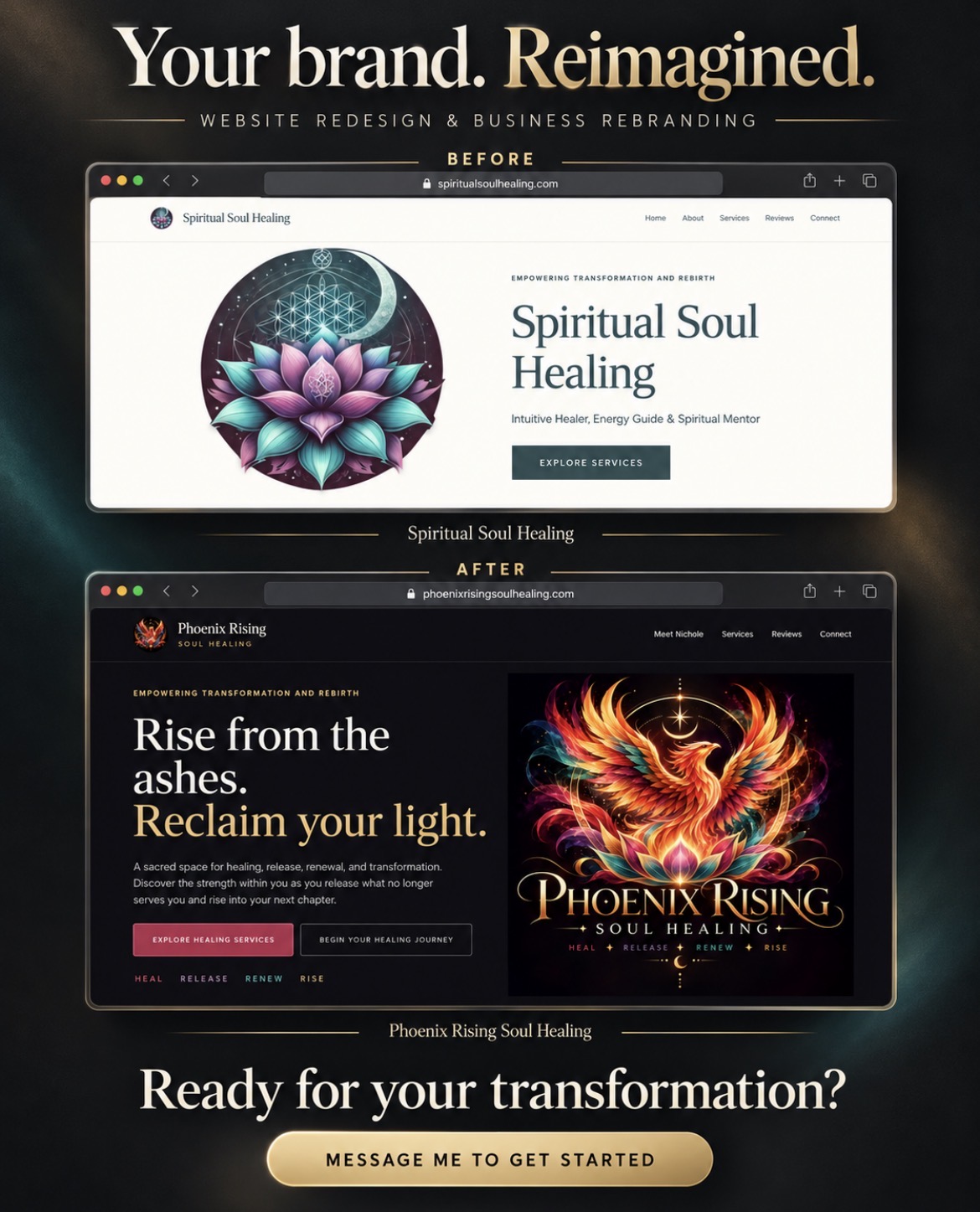 Before and after comparison of Spiritual Soul Healing and the rebranded Phoenix Rising Soul Healing website
