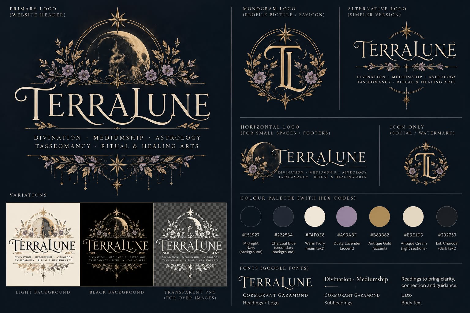 Client-provided TerraLune brand board with moon and botanical logos, navy, lavender and gold colors, and type styles